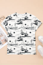 White desert sand print knit top by Dear-Lover, short sleeve, polyester and elastane blend, casual women's tee.