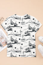 White desert sand print short sleeve knit top by Dear-Lover, featuring a comfortable polyester-elastane blend and casual style.
