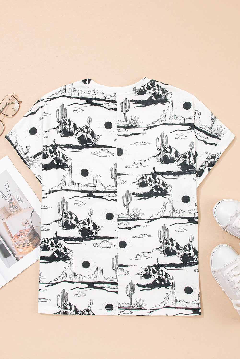 White desert sand print short sleeve knit top by Dear-Lover, featuring a comfortable polyester-elastane blend and casual style.