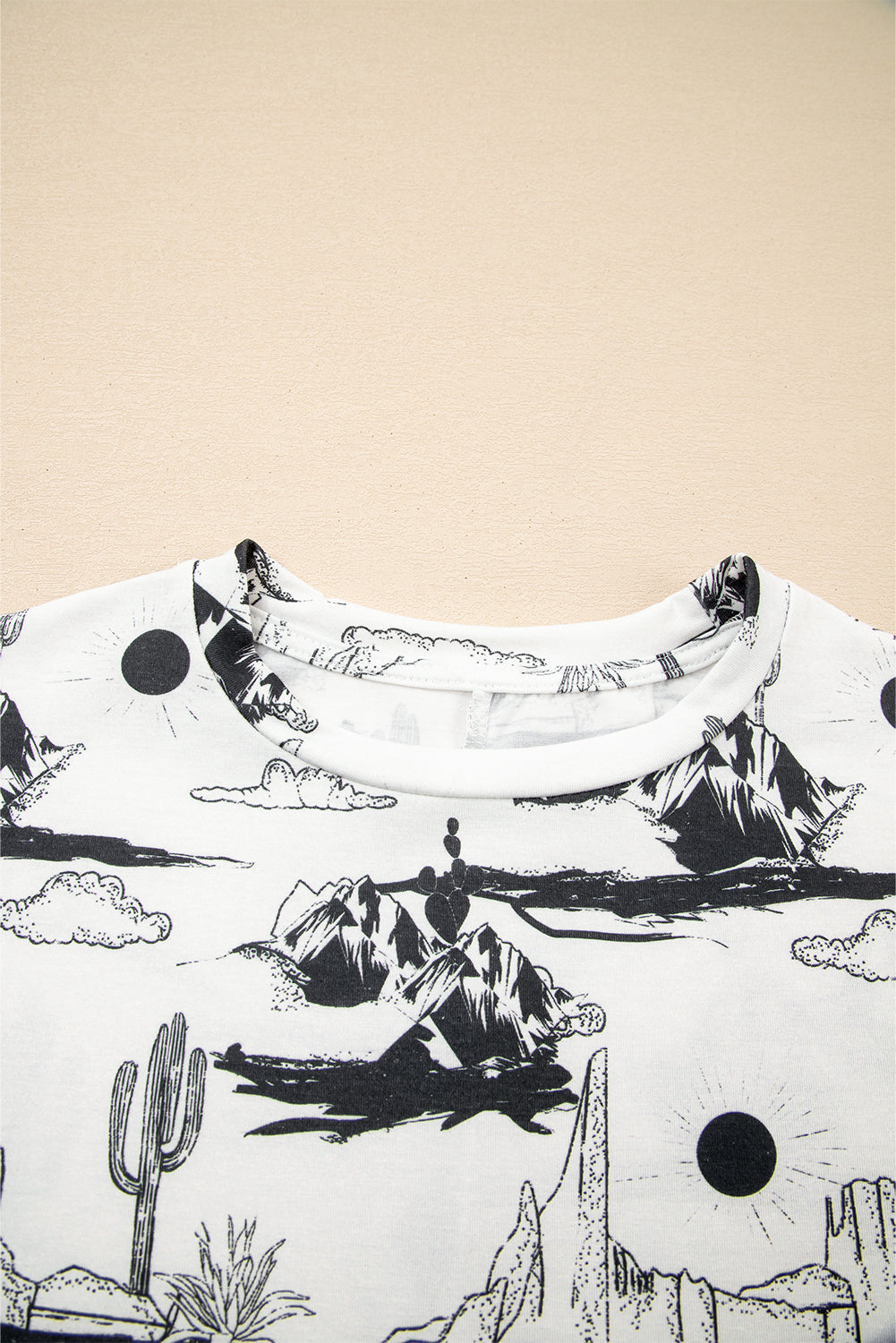 White desert sand print short sleeve knit top by Dear-Lover, featuring a lightweight polyester-elastane blend and casual style.