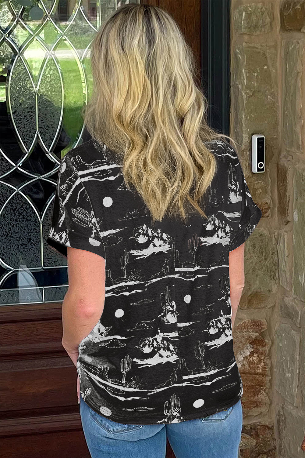 White Desert Sand Print Short Sleeve Knit Top by Dear-Lover, featuring a soft polyester-elastane blend and desert-inspired pattern.