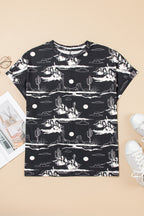 White Desert Sand print short sleeve knit top by Dear-Lover, lightweight polyester and elastane blend, casual stylish women's top