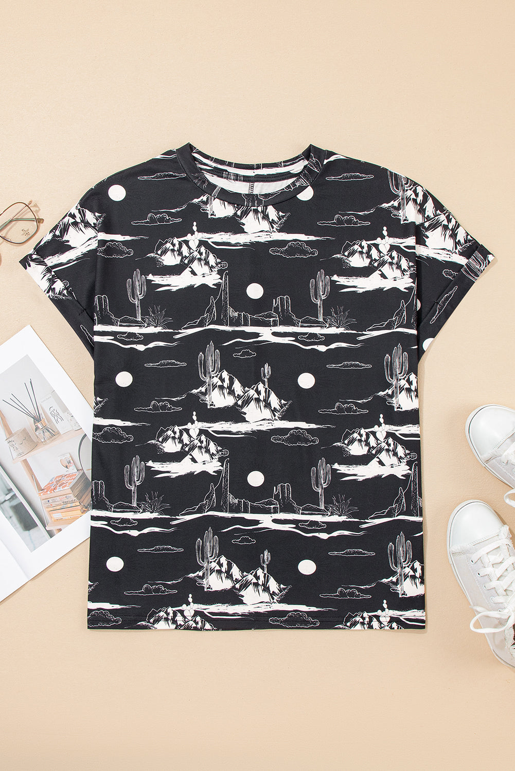 White Desert Sand print short sleeve knit top by Dear-Lover, lightweight polyester and elastane blend, casual stylish women's top