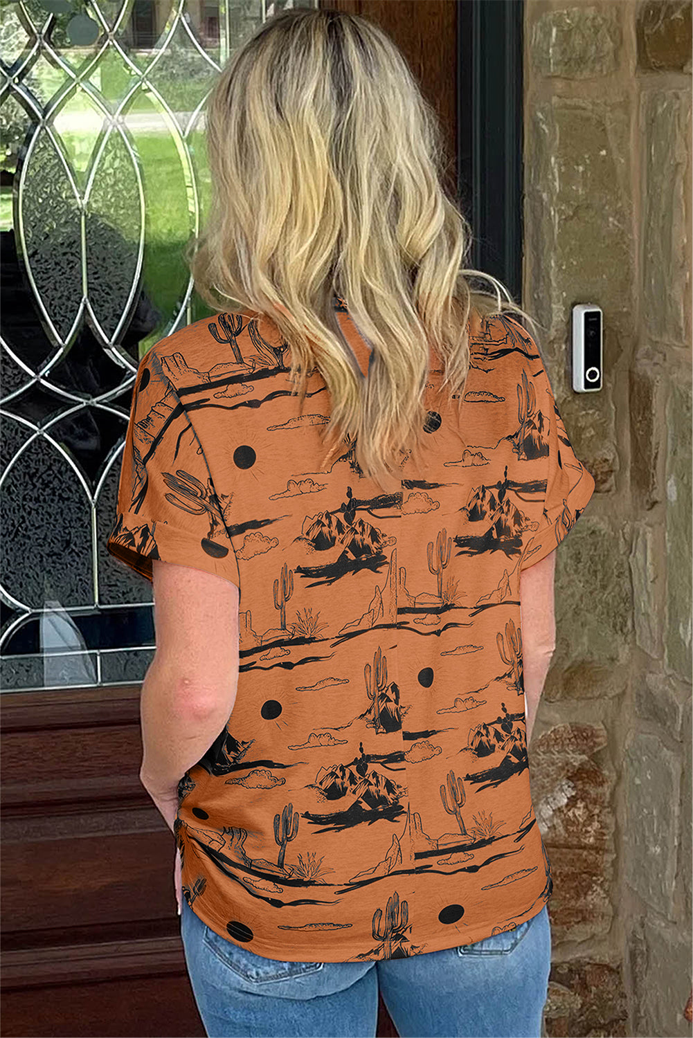 White Desert Sand print short sleeve knit top by Dear-Lover, lightweight polyester-elastane blend, casual summer top.