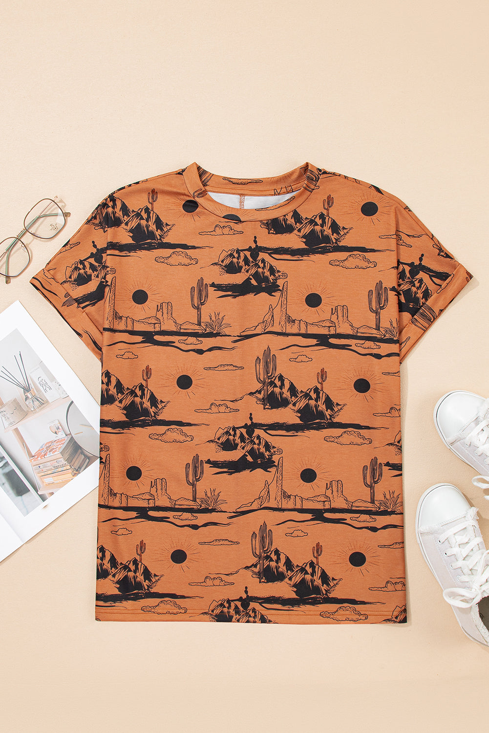 White desert sand print short sleeve knit top by Dear-Lover, featuring a casual, lightweight polyester and elastane blend.