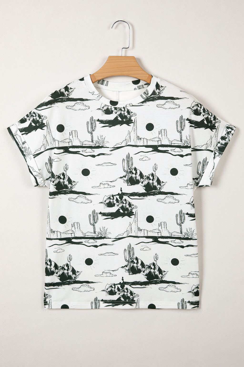 White Desert Sand print short sleeve knit top by Dear-Lover, lightweight polyester and elastane blend, casual summer tee.