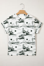 White Desert Sand print short sleeve knit top by Dear-Lover, lightweight polyester and elastane blend, casual summer tee.