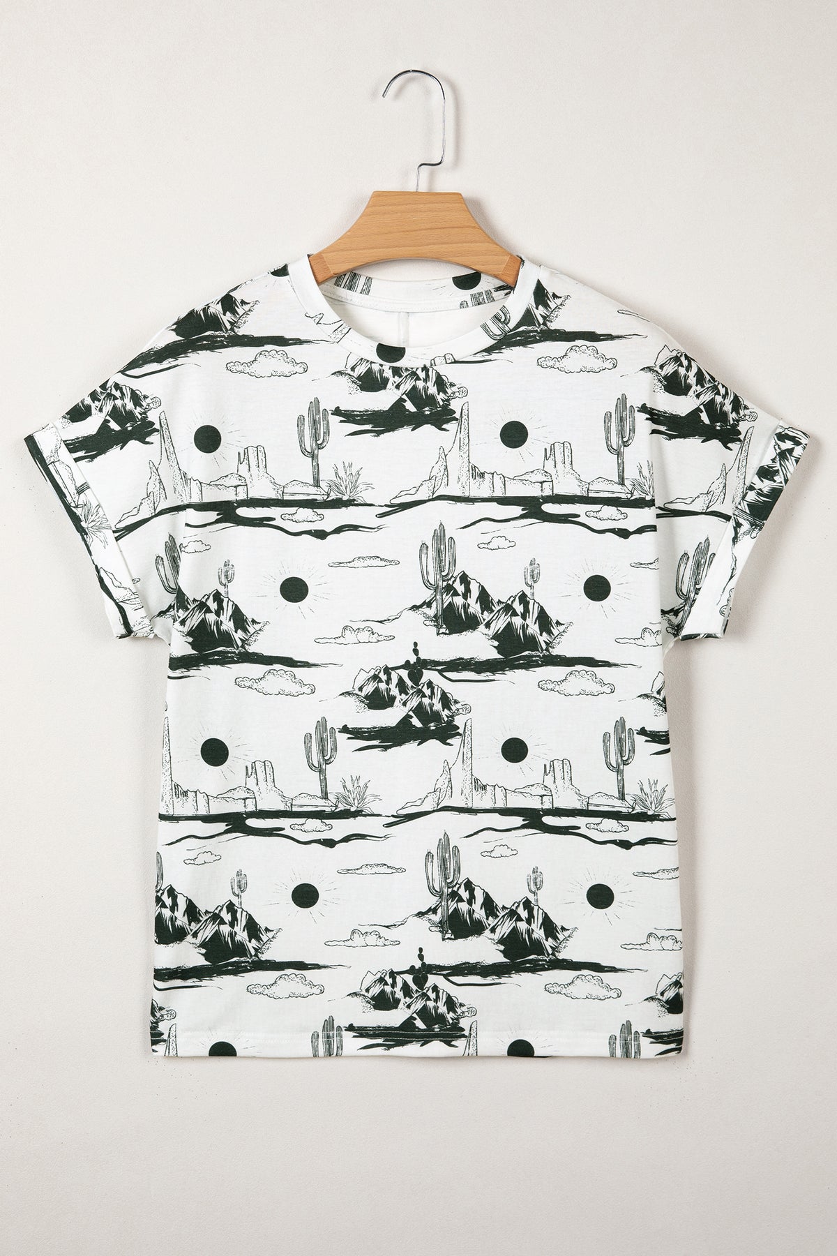 White Desert Sand print short sleeve knit top by Dear-Lover, lightweight polyester and elastane blend, casual summer tee.