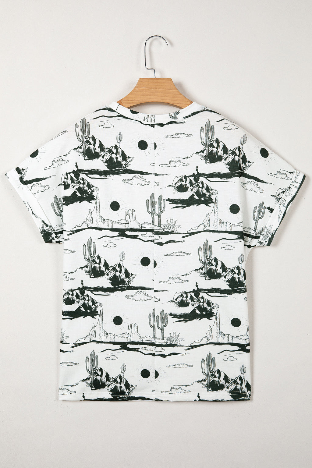 White Desert Sand print short sleeve knit top by Dear-Lover, lightweight polyester and elastane, casual women's T-shirt.