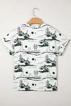 White Desert Sand print short sleeve knit top by Dear-Lover, lightweight polyester and elastane, casual women's T-shirt.