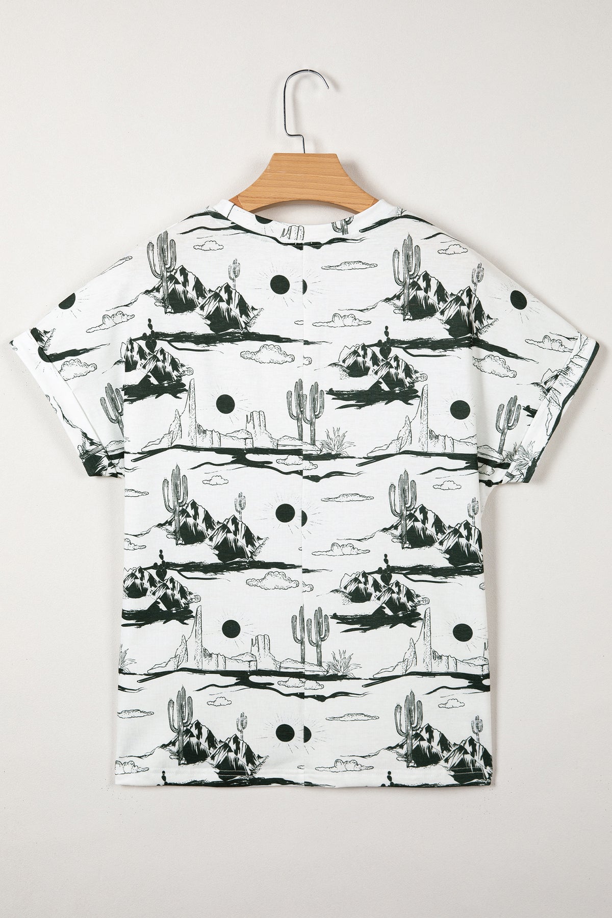 White Desert Sand print short sleeve knit top by Dear-Lover, lightweight polyester and elastane, casual women's T-shirt.