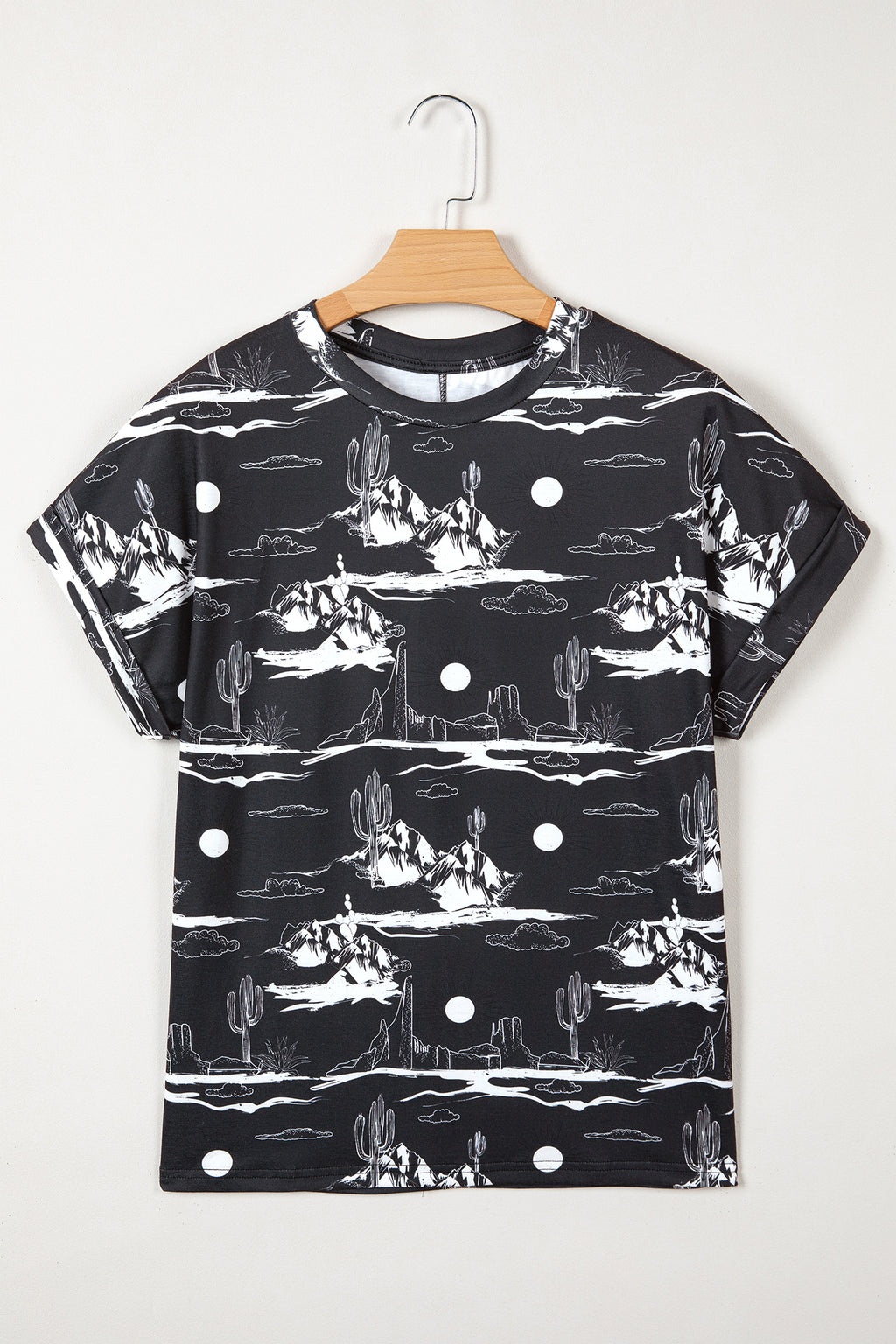 White desert sand print short sleeve knit top from Dear-Lover, lightweight polyester and elastane blend, casual women's top.