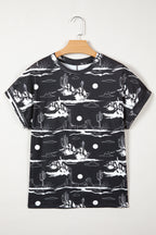 White desert sand print short sleeve knit top from Dear-Lover, lightweight polyester and elastane blend, casual women's top.