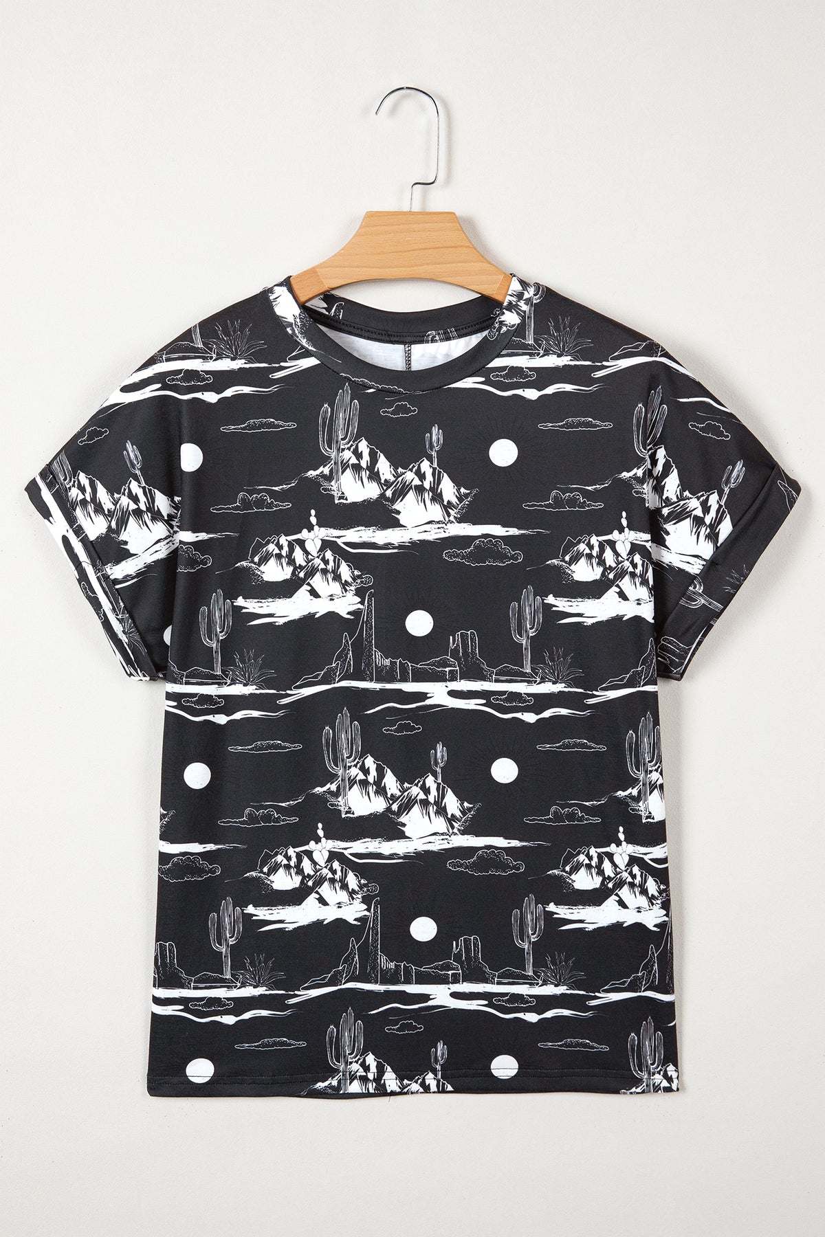 White desert sand print short sleeve knit top from Dear-Lover, lightweight polyester and elastane blend, casual women's top.