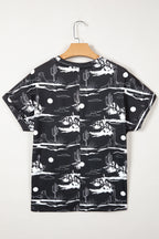 White desert sand print short sleeve knit top by Dear-Lover, lightweight polyester blend, casual stylish women's top.
