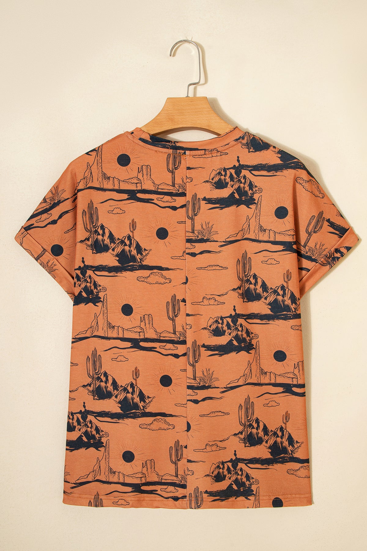 White desert sand print short sleeve knit top by Dear-Lover, made of polyester and elastane, featuring a stylish desert-inspired design.