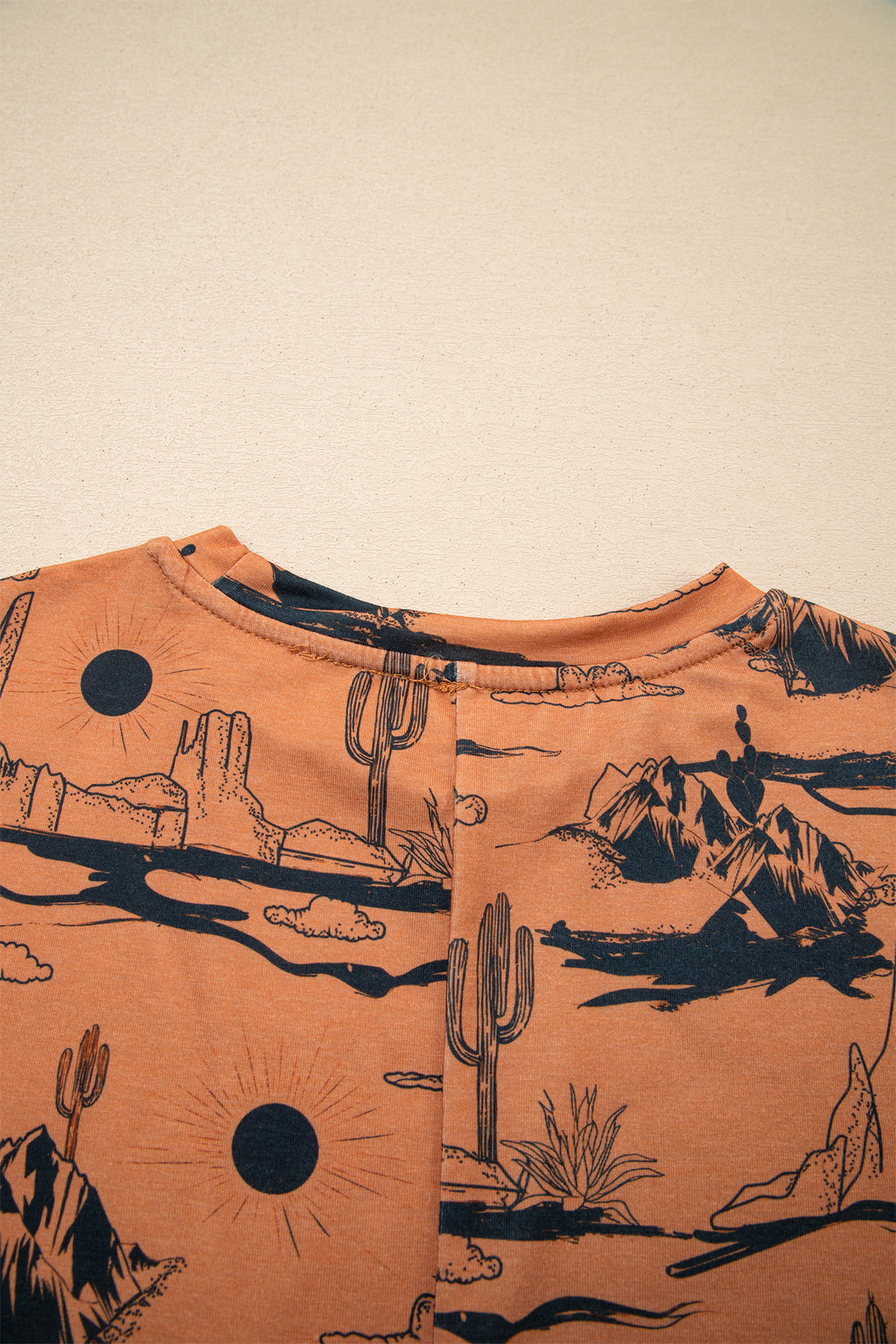White Desert Sand print short sleeve knit top from Dear-Lover, featuring a casual polyester and elastane blend for comfortable wear.