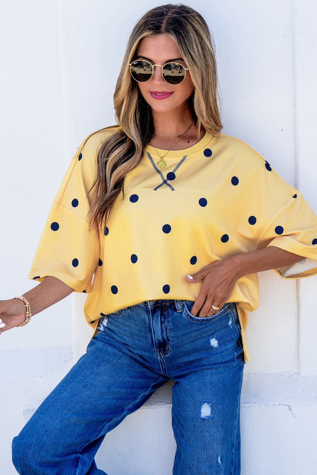 Yellow polka dot print oversized tee with crossed seam detail from Dear-Lover Dropshipping, made of polyester and elastane.