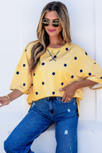 Yellow polka dot print oversized tee with crossed seam detail from Dear-Lover Dropshipping, made of polyester and elastane.
