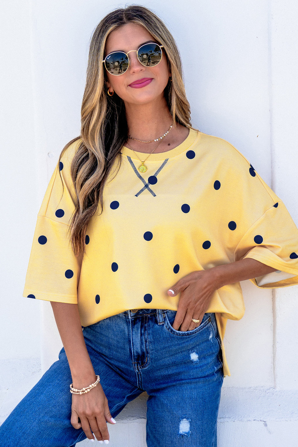 Yellow polka dot print oversized tee with crossed seam detail from Dear-Lover, featuring a relaxed fit and soft polyester-elastane fabric.