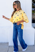 Yellow polka dot print oversized tee by Dear-Lover, featuring crossed seam detail and relaxed fit, made from polyester and elastane.
