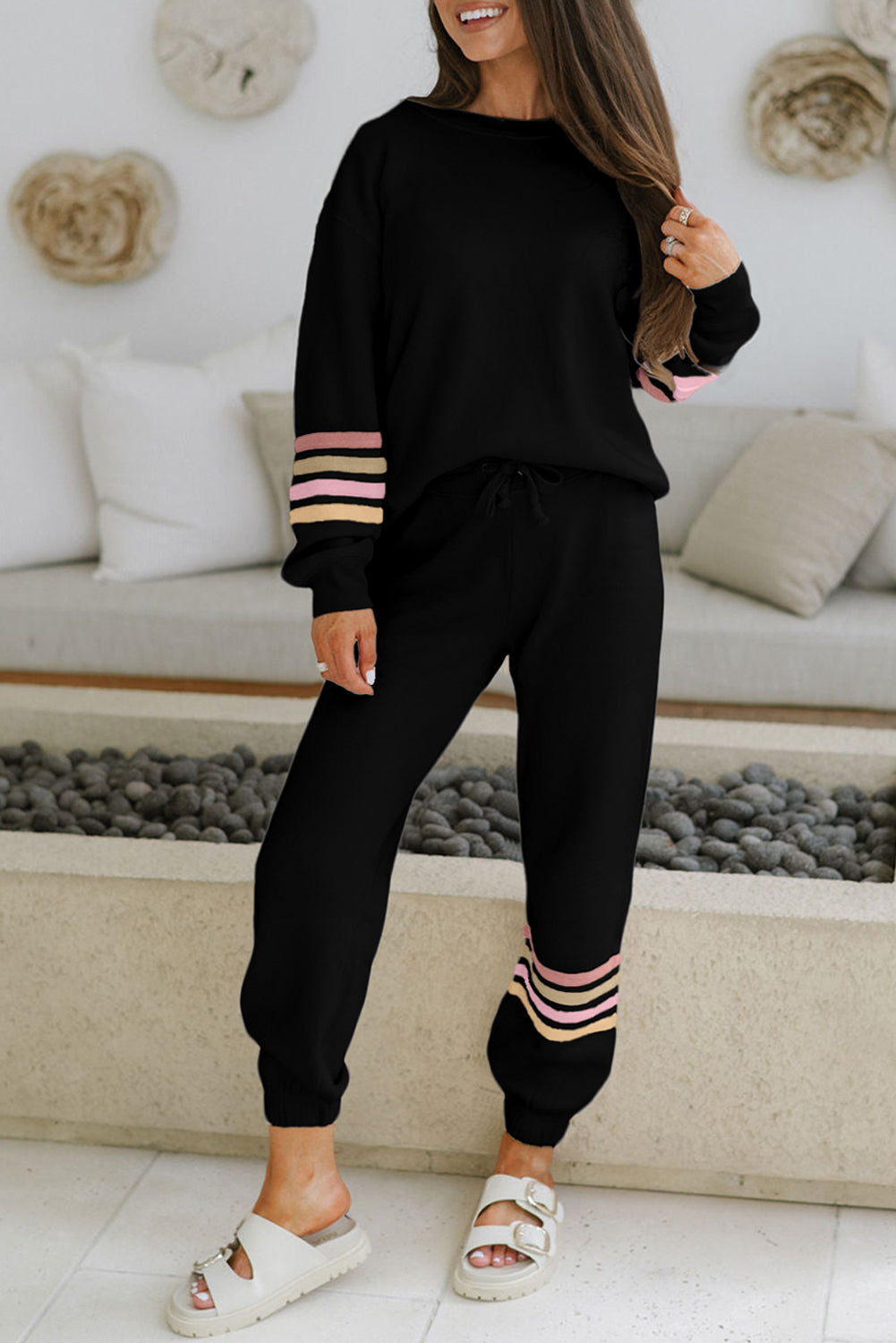 Beige striped two-piece active outfit with drop shoulder round neck pullover and jogger pants from Dear-Lover.