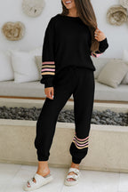 Beige striped two-piece active outfit with drop shoulder round neck pullover and jogger pants from Dear-Lover.