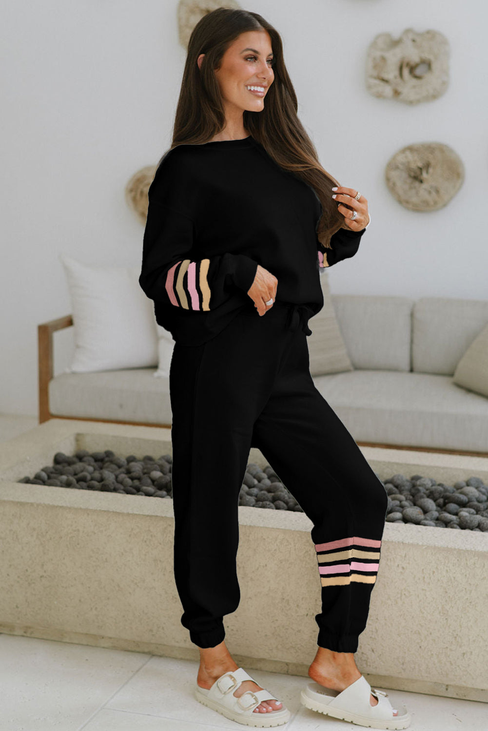 Beige striped two-piece active outfit with drop shoulder round neck pullover and jogger pants from Dear-Lover.
