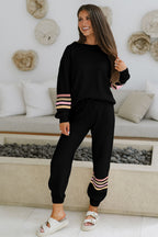 Beige striped two-piece active outfit with drop shoulder round neck pullover and jogger pants from Dear-Lover.