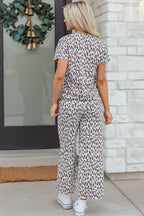 Beige leopard print casual tee and pants 2-piece set by Dear-Lover, comfortable polyester-elastane fabric, stylish loungewear.