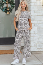 Beige leopard print casual tee and pants two-piece set by Dear-Lover, comfortable polyester-elastane fabric, stylish everyday outfit.