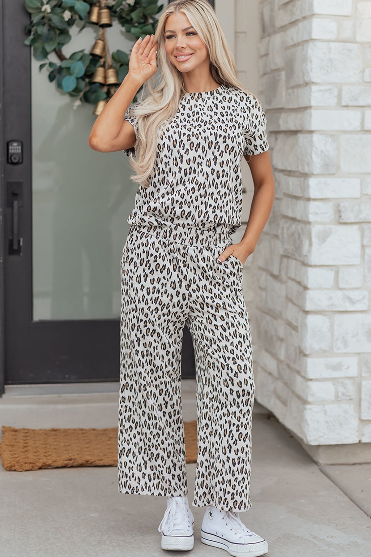 Beige leopard print casual tee and pants 2-piece set from Dear-Lover, polyester-elastane fabric, comfortable and stylish for everyday wear.