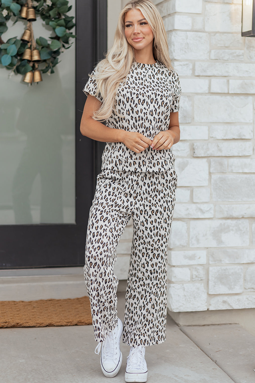 Beige leopard print casual tee and pants two-piece set by Dear-Lover, soft polyester-elastane fabric, comfortable loungewear.