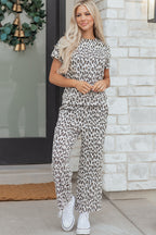 Beige leopard print casual tee and pants two-piece set by Dear-Lover, soft polyester-elastane fabric, comfortable loungewear.