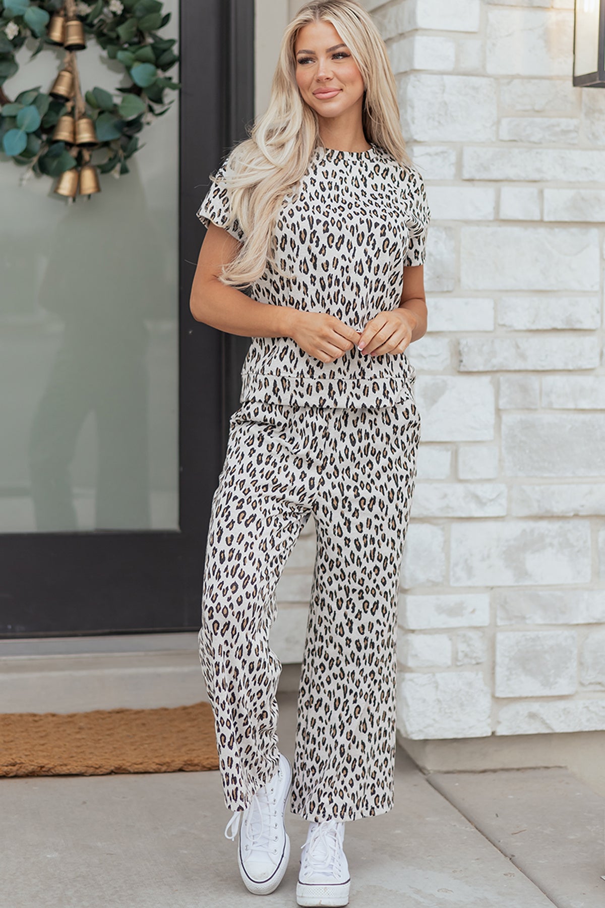 Beige leopard print casual tee and pants two-piece set by Dear-Lover, soft polyester-elastane fabric, comfortable loungewear.