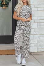Beige leopard print casual tee and pants set by Dear-Lover, two-piece outfit with polyester and elastane fabric, relaxed fit.