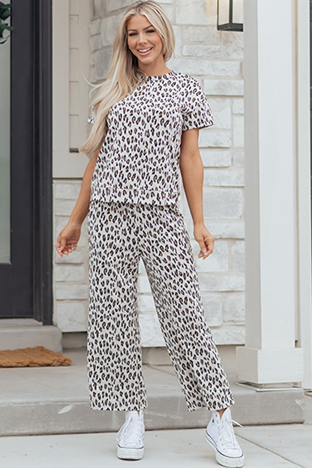 Beige leopard print casual tee and pants 2-piece set by Dear-Lover, comfortable polyester-elastane fabric, stylish loungewear.