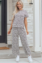Beige leopard print casual tee and pants 2-piece set by Dear-Lover, comfortable polyester-elastane fabric, stylish loungewear.