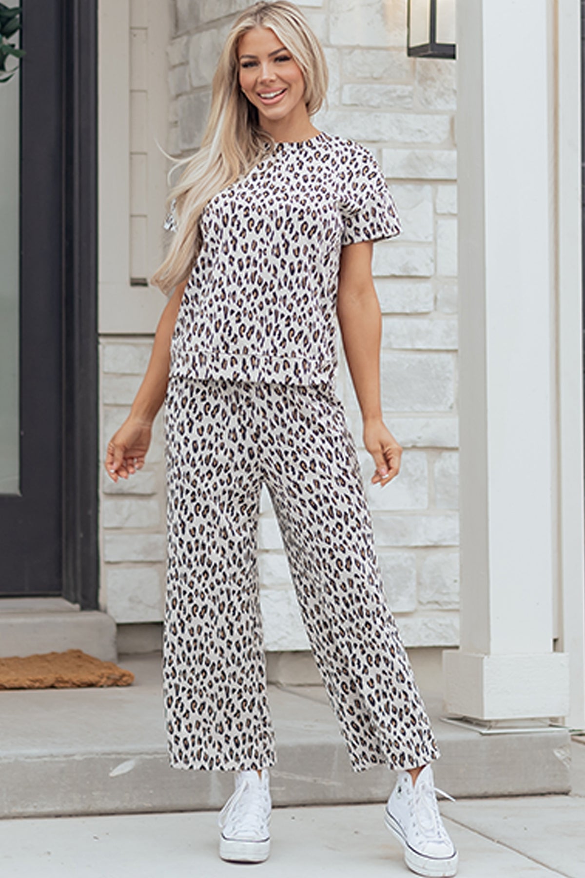 Beige leopard print casual tee and pants 2-piece set by Dear-Lover, comfortable polyester-elastane fabric, stylish loungewear.