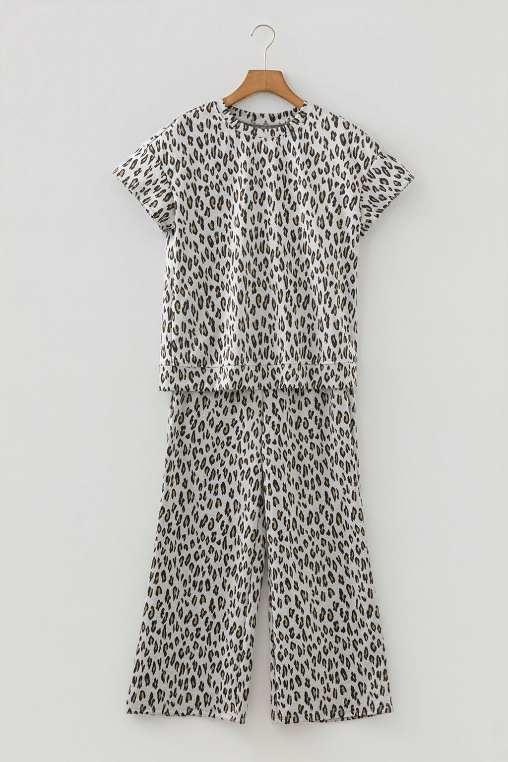 Beige leopard print casual tee and pants two-piece set by Dear-Lover, comfortable polyester-elastane fabric, stylish loungewear ensemble.