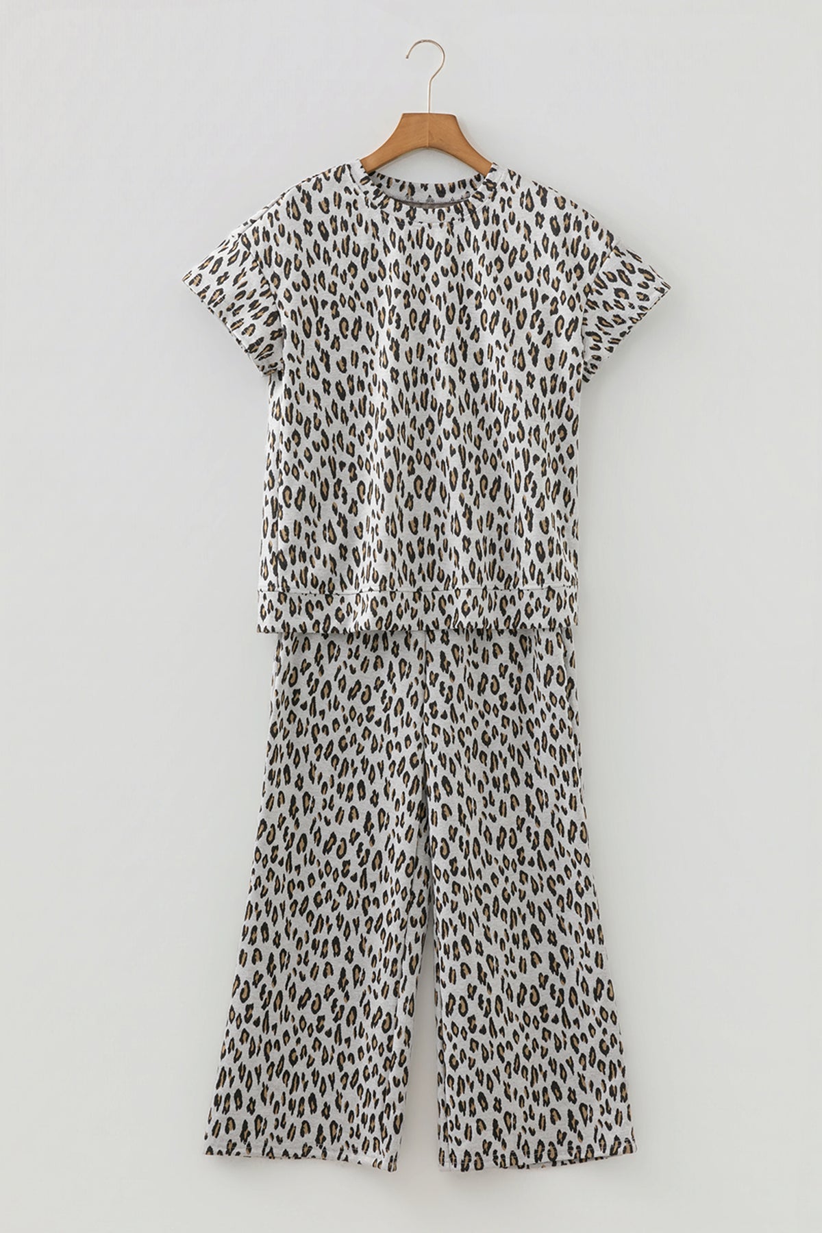 Beige leopard print casual tee and pants two-piece set by Dear-Lover, comfortable polyester-elastane fabric, stylish loungewear ensemble.