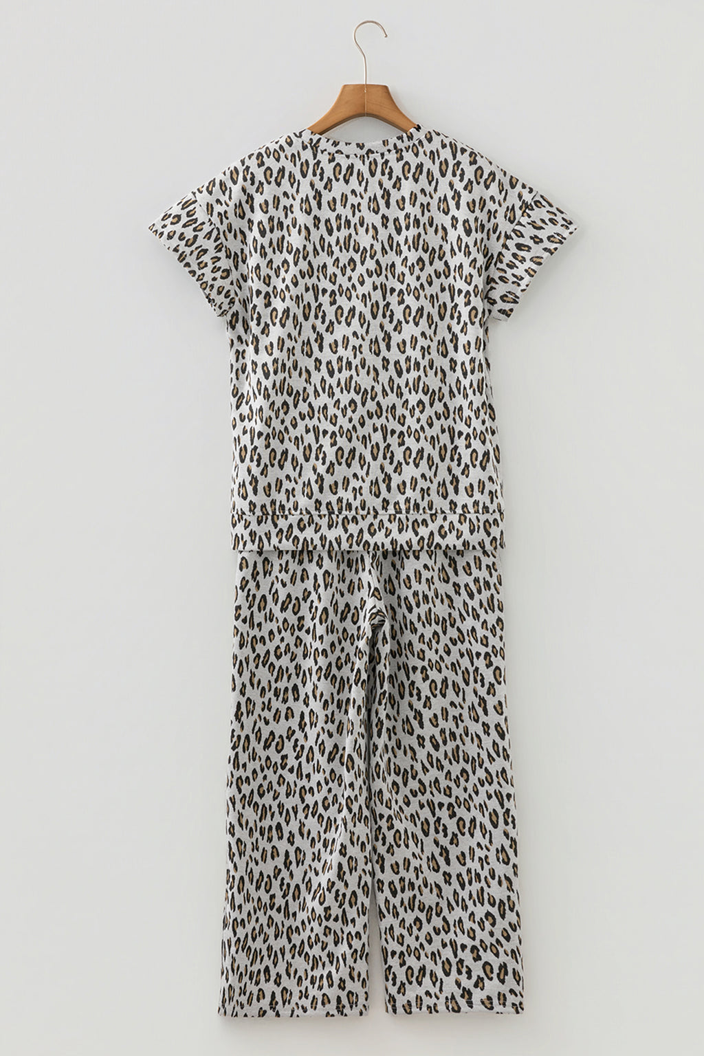 Beige leopard print casual tee and pants two-piece set by Dear-Lover, comfortable polyester-elastane fabric, relaxed fit.