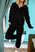 Black zip collar long sleeve top and drawstring pants set by Dear-Lover, stylish two-piece stretch polyester and viscose fabric.