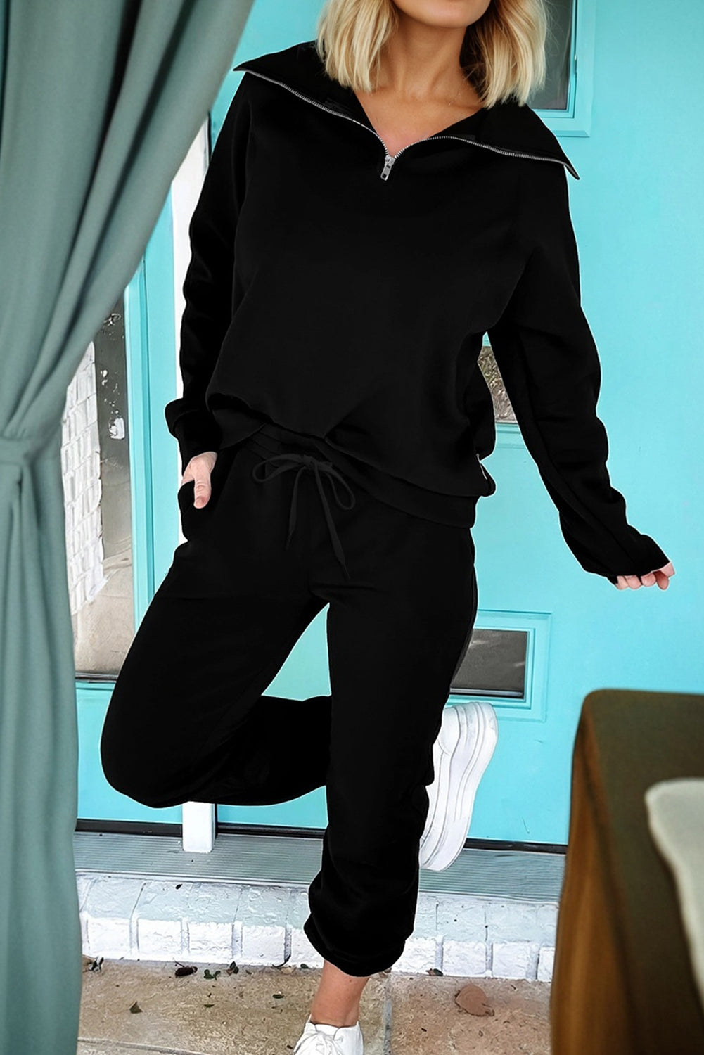 Black zip collar long sleeve top and drawstring pants set by Dear-Lover, stylish two-piece stretch polyester and viscose fabric.
