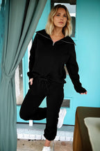 Black zip collar long sleeve top and drawstring pants set from Dear-Lover, stylish two-piece polyester and viscose outfit.