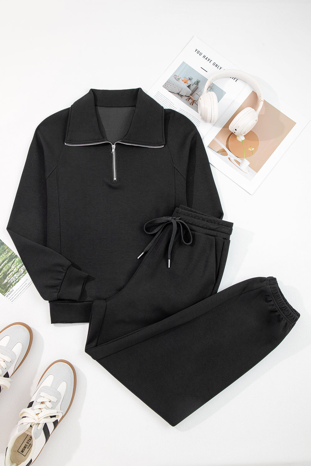 Black zip collar long sleeve top with drawstring pants set by Dear-Lover, stylish two-piece polyester and viscose pant set.