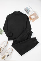 Black zip collar long sleeve top and drawstring pants set by Dear-Lover, stylish two-piece set in polyester and viscose.