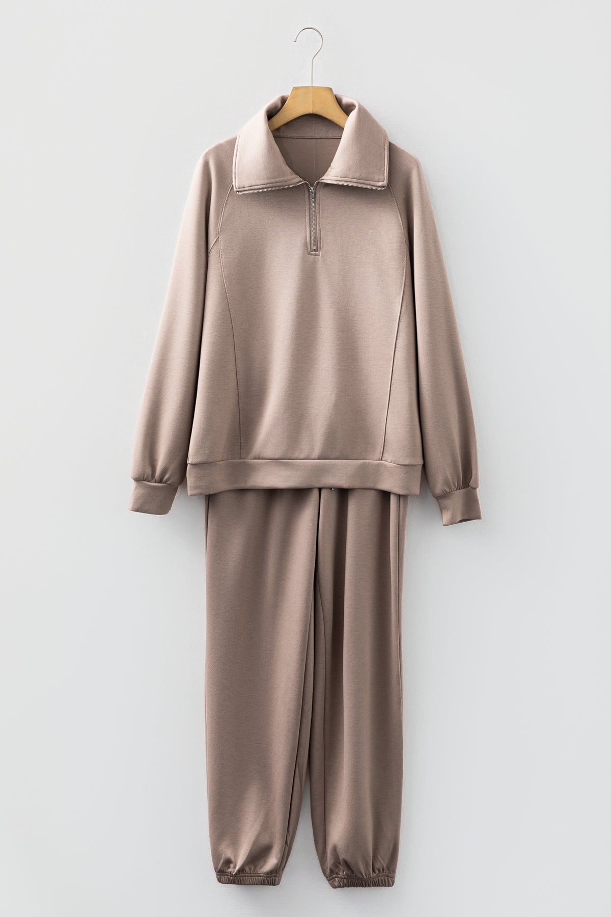 Black zip collar long sleeve top and drawstring pants set by Dear-Lover, stylish two-piece set in polyester and viscose blend.