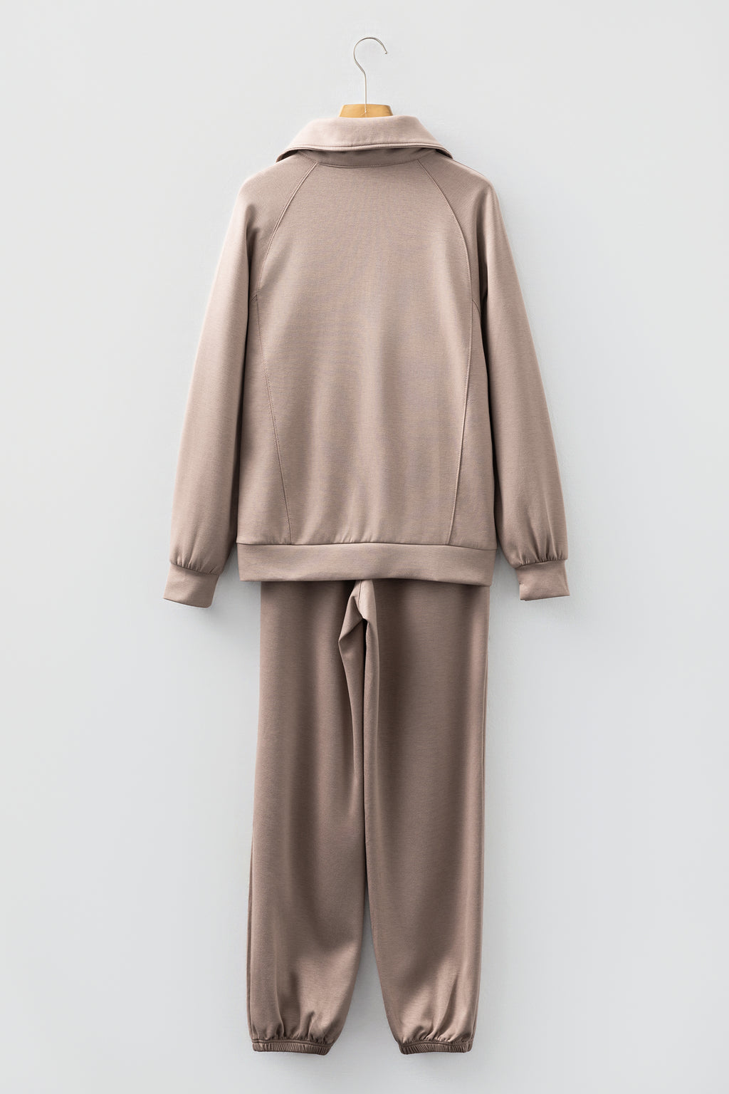 Black zip collar long sleeve top and drawstring pants set from Dear-Lover, stylish two-piece set in polyester and viscose fabric.