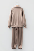 Black zip collar long sleeve top and drawstring pants set from Dear-Lover, stylish two-piece set in polyester and viscose fabric.